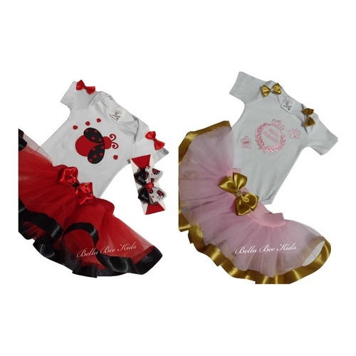 Kit 2 Conjuntos Bebê Menina Body Saia Laço Joaninha + Coroa