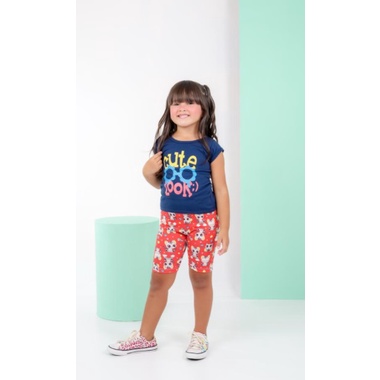 Conjunto infantil menina blusa lisa e Short estampado roupas de menina confortável