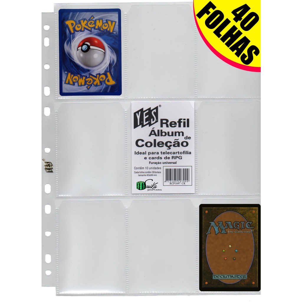 40 Folhas para Cards e Cartas para fichário pasta Álbum argola 11 Furos 9 Bolsos Pokémon Magic Yugioh RPG cardgame figurinhas coleção colecionável kpop futebol copa do mundo bts black pink dragon ball naruto