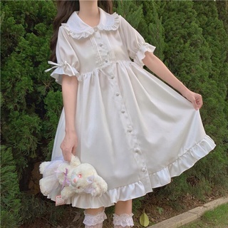 Vestido Lolita Branco Estilo Japonês Retro Com Babados Gola Olímpica