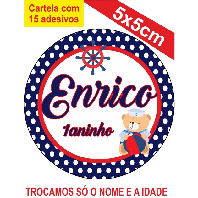 2 Cartelas de Adesivos (30 unidades) Ursinho Marinheiro Personalizados 5x5cm Festa Aniversário Lembrancinha