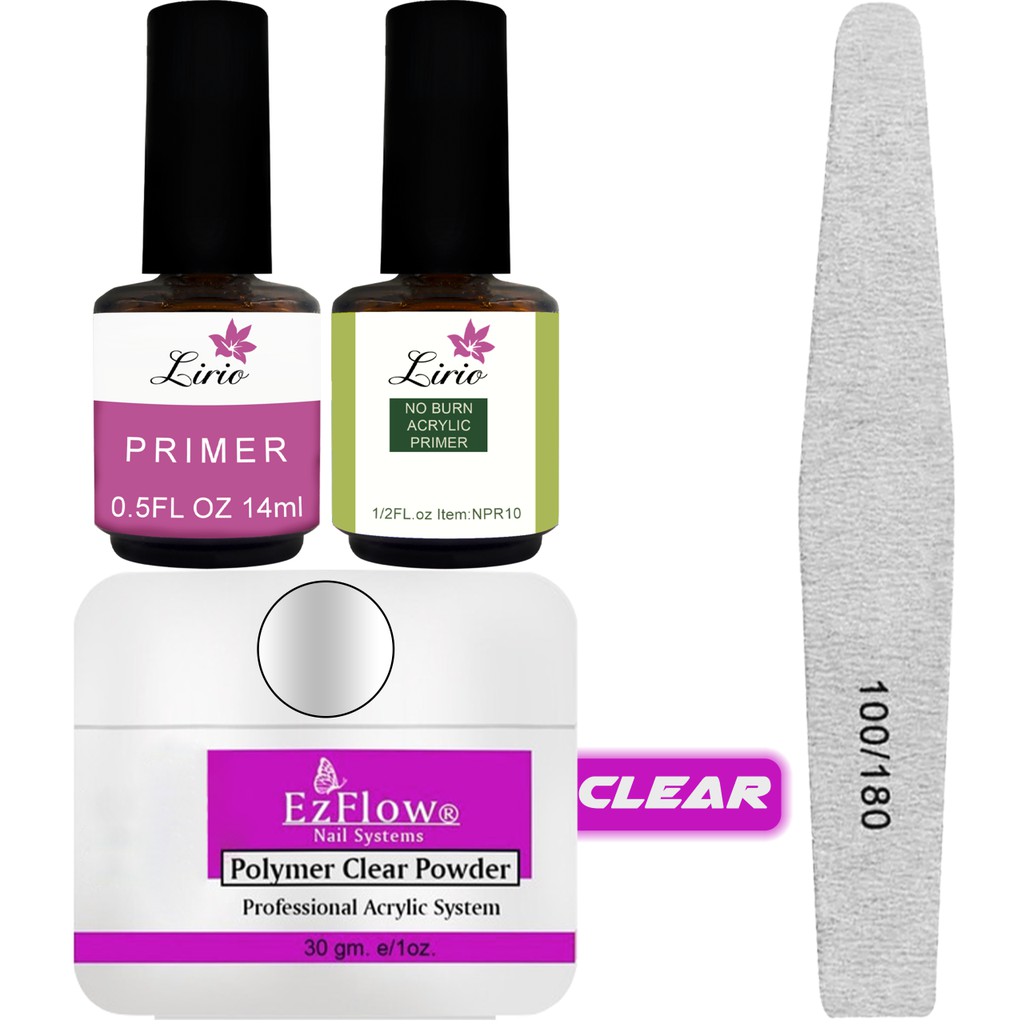 Kit Top Coat Primer Ácido Pó Acrílico Ezflow Clear Lixa Caixão 100/180