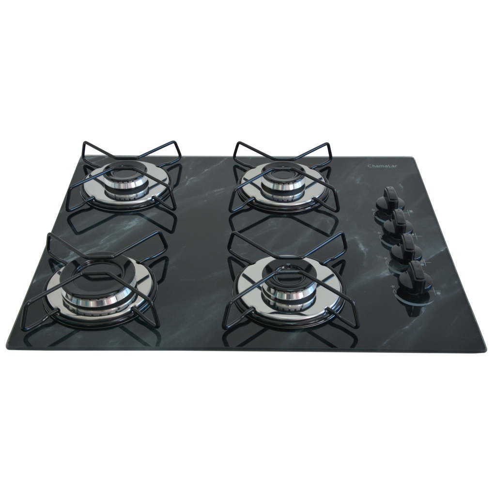 Fogão de Mesa Cooktop À Gás 4 Bocas Preto Chamalar Ultra Chama Vidro Bivolt