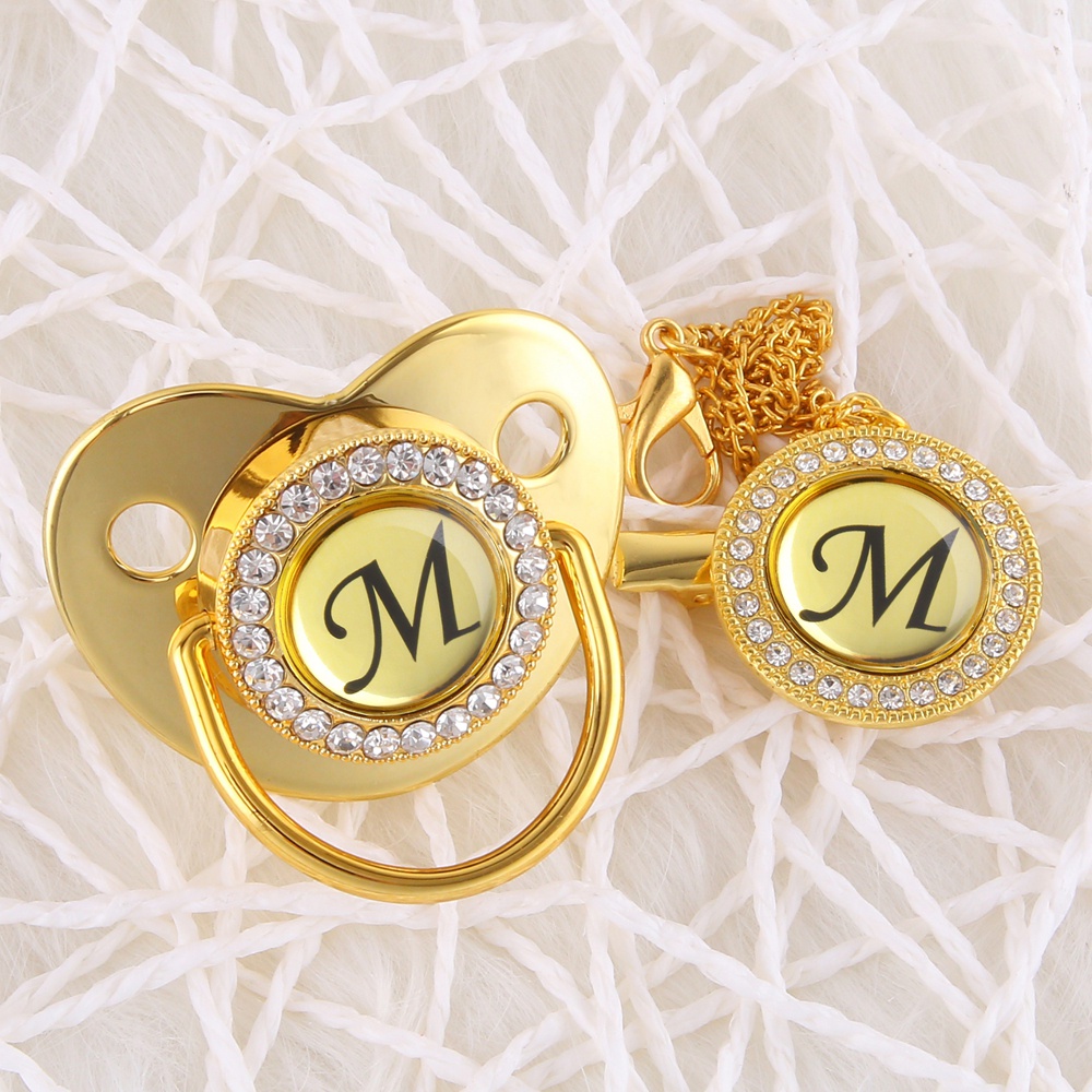 Bling Gold Pacifier Chain Clip 26 Alfabetos Cristal Recém-Nascido Mamilo De Silicone Chupeta Ortodôntica