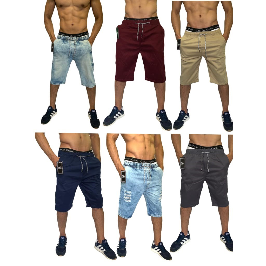 bermuda jeans masculina rasgadas e lisas sarjas com elástico compre com menor preço economize com esse promoção