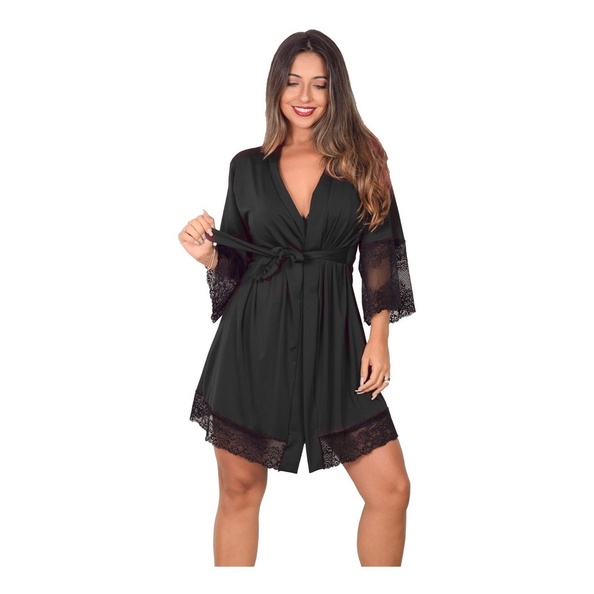 Robe Feminino Adulto Luxo Roupão Sensual Manga 3/4 de Amarrar Hobby Noiva Gestante Amamentação
