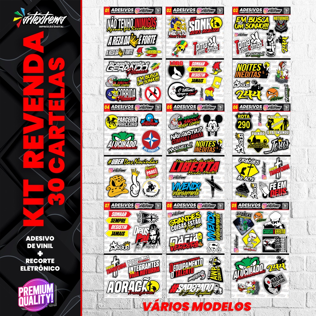 KIT REVENDA 30 CARTELAS DE ADESIVOS - Carro - Moto - Caminhão - Bike - Stickers - Diversos