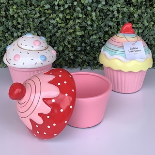 Cupcake Decorativo Grande de Cerâmica com Tampa - Cupcake Fofo Decoração Rosa Festas