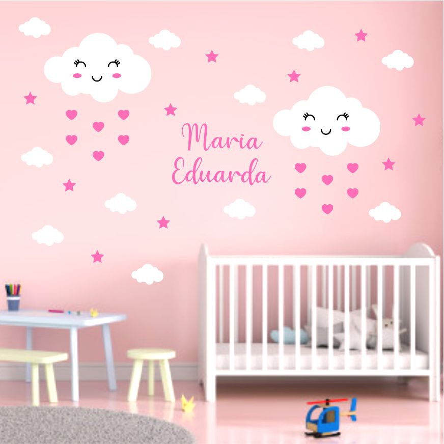 Adesivo de Parede Infantil Menina ou Menino - Chuva de Amor + Nome Personalizado