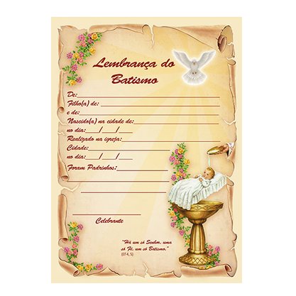 Certificado Lembrança de Batismo 27 cm