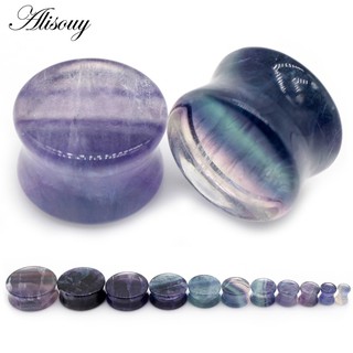 Alisouy 2pcs Multi-color Aurora Fluorite Stone Plugues De Orelha De Pedra Túnel Expansor Maca Com Duplo Flared Medidores De Jóias Corporais Piercing