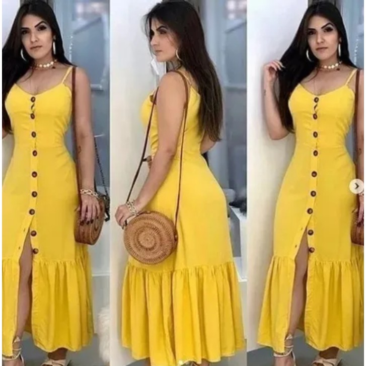 Vestido Longo Feminino Com Botão E Babado Com Bojo Alcinha