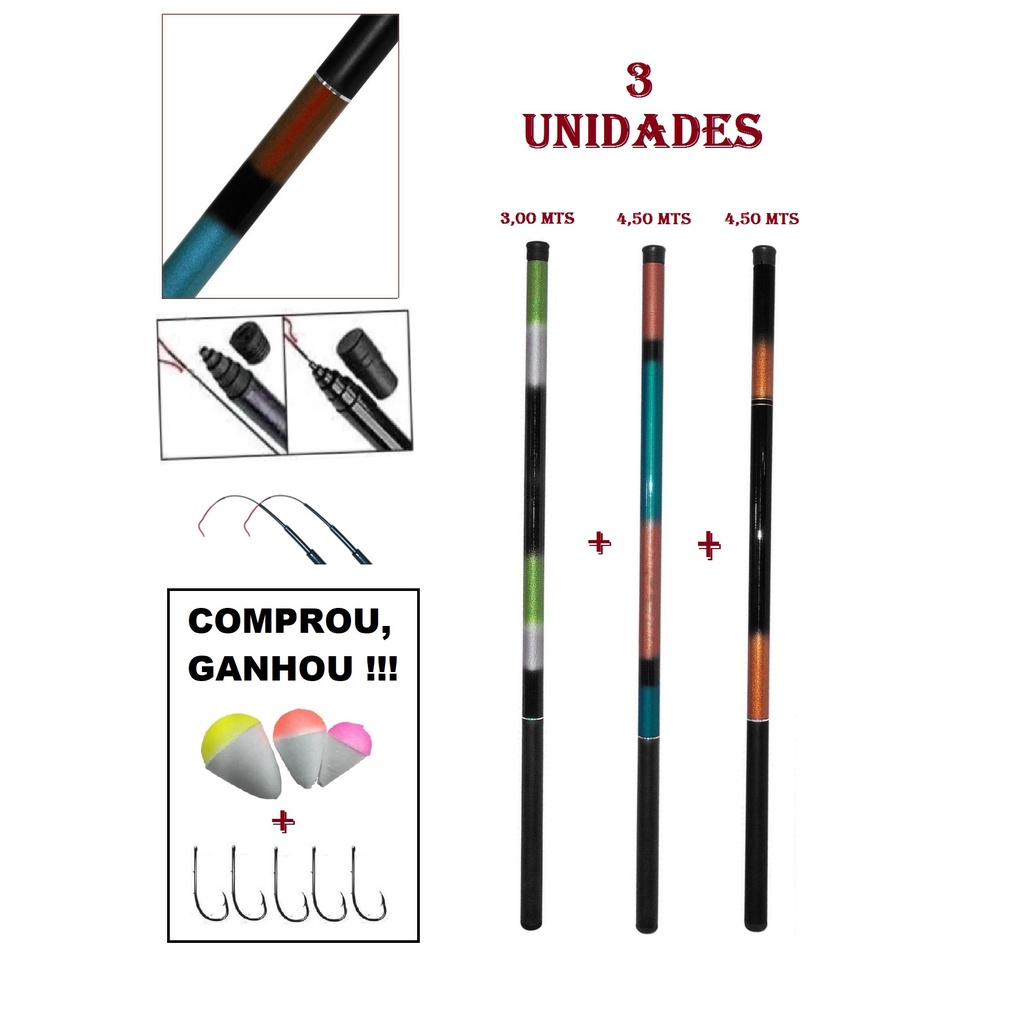 kit 3 varas de pesca telescopica retrátil sendo 2 x 4,00 e 1 x 3,00 metros - Fibra de vidro - 3 boia  5 anzol taue