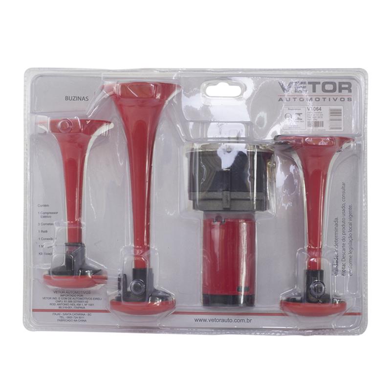 Buzina Ar Caminhão 3 Cornetas Vermelha Com Compressor 12v em Oferta na Shopee