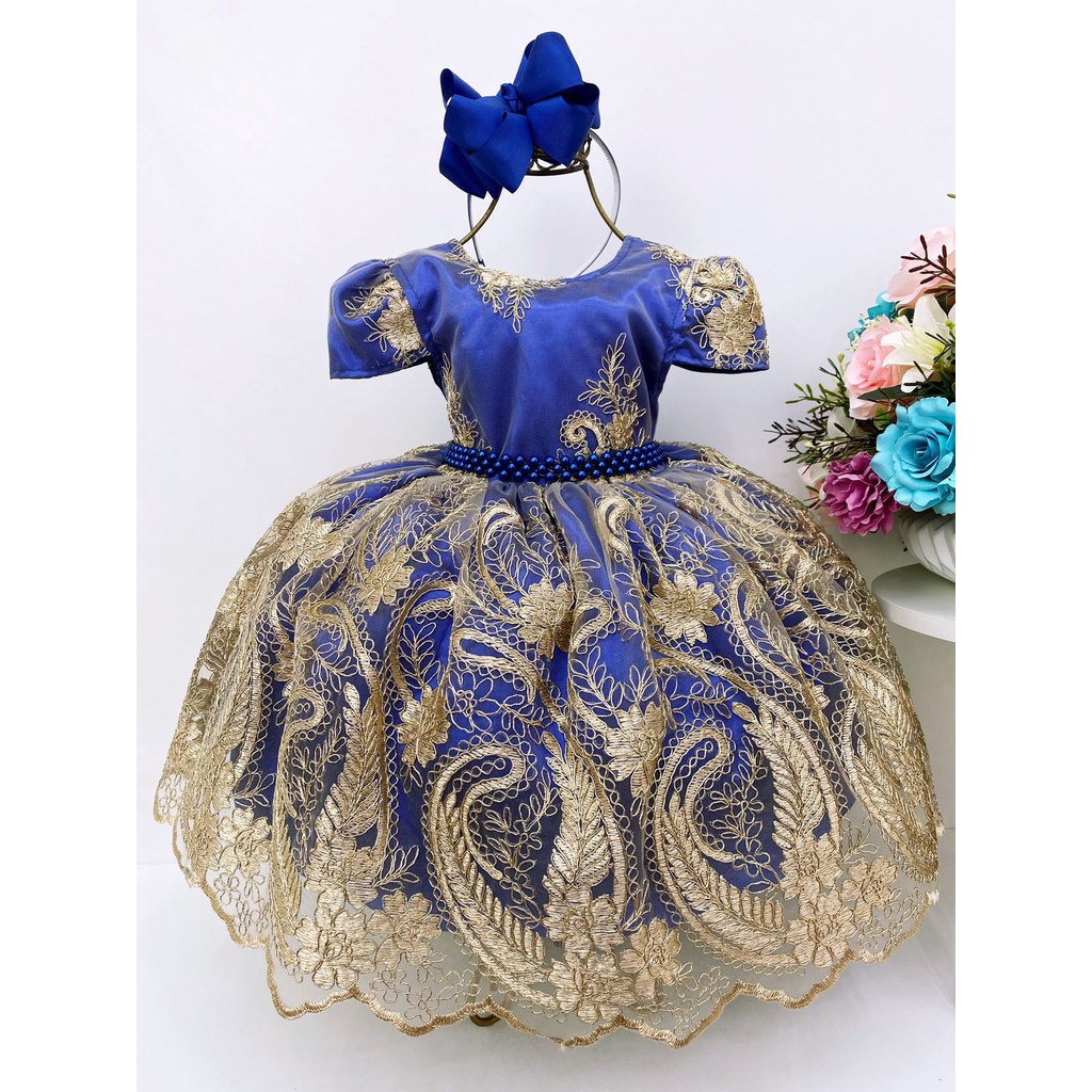 Vestido Infantil Azul Royal Renda Realeza Dourada Princesa | Shopee Brasil