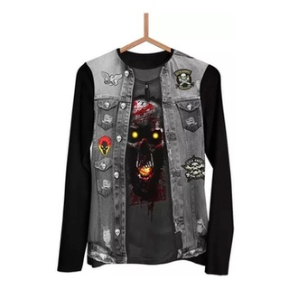 Camisa Caveira Jaqueta Jeans Moto Clube Longa 3d Cv017 Cstmz