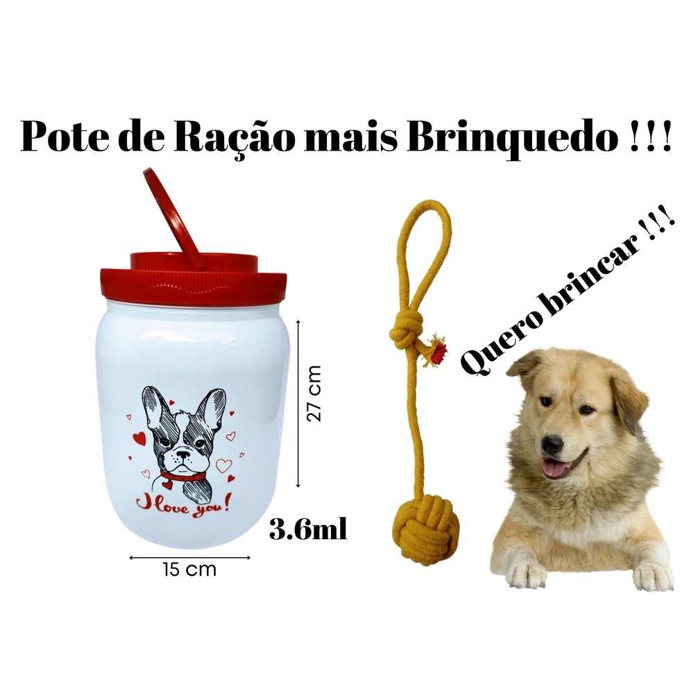 Pote Porta Ração 3.6 Tampa com Rosca e Alça + Brinquedo Cordão Cabo de Guerra Amarelo – Original para Cães e Gato p/ Armazenar Ração do seu PET na cor Branca.