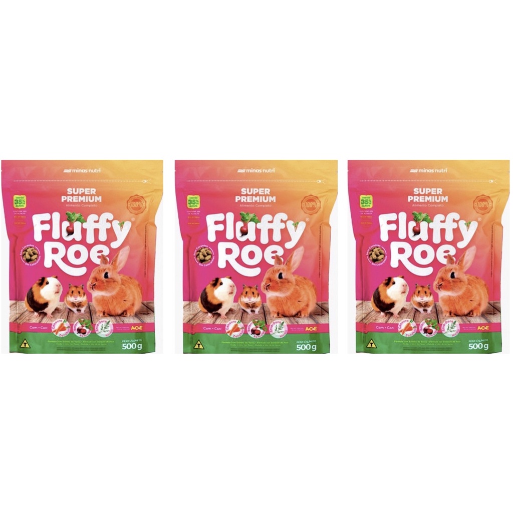 Kit C/3 Pacotes Ração Para Coelhos E Roedores Fluffy Roe 500g - Minas Nutri