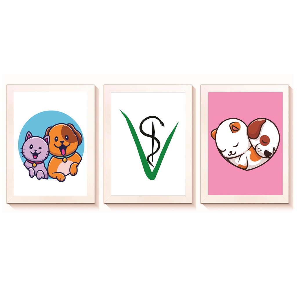 Kit 3 Quadros Decorativos Cão Gato Símbolo Veterinário Decoração Pet Casa Consultório Molduras 20x30cm Madeira