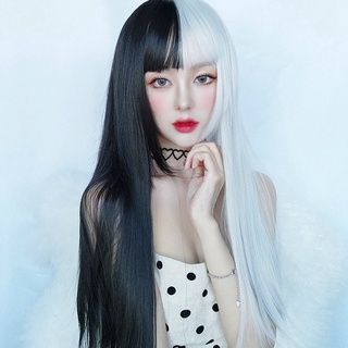 Peruca De Ar Feminina Franja Longa De Cabelo Liso Preto E Branco Combinando Cor yin yang Seda De Alta Temperatura