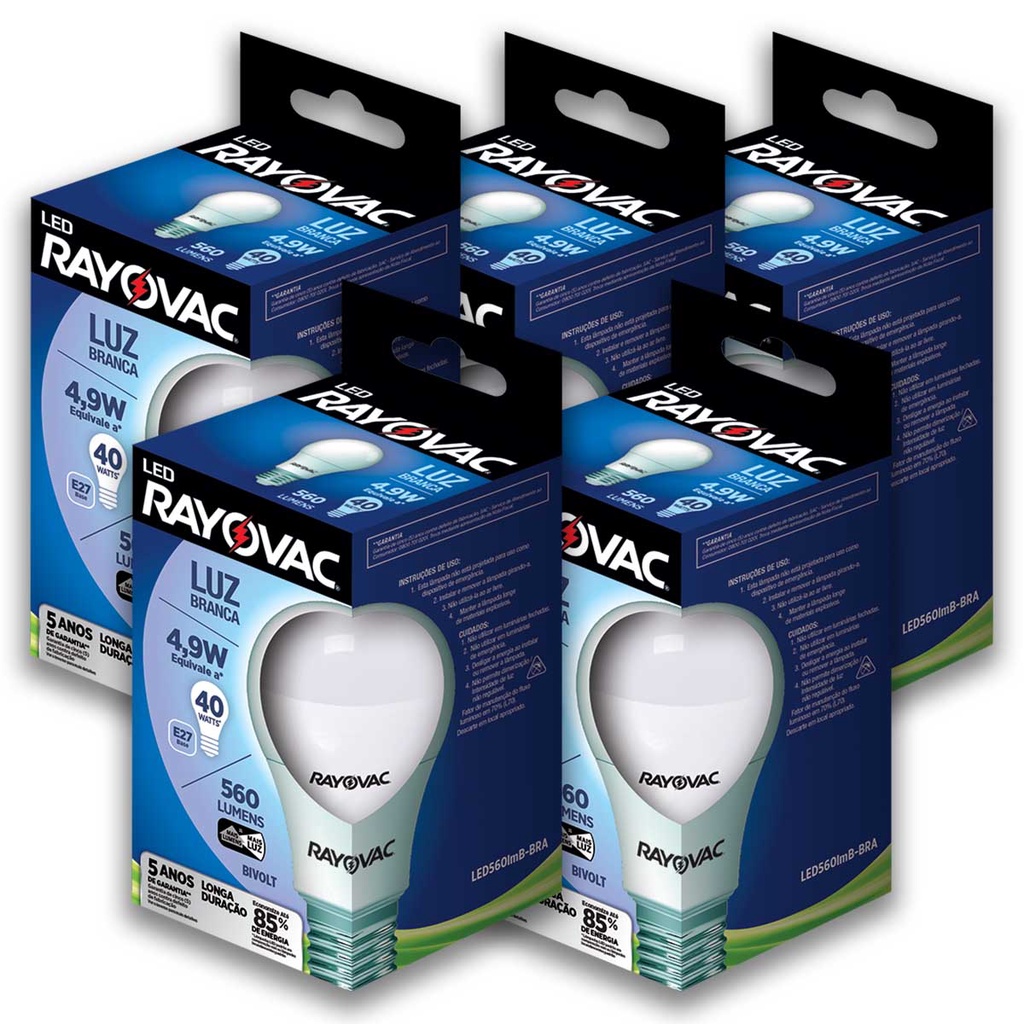 Lampada LED 4,9W Luz Branca 6500K Rayovac 5 caixas Bulbo Soquete E27 Luz Fria