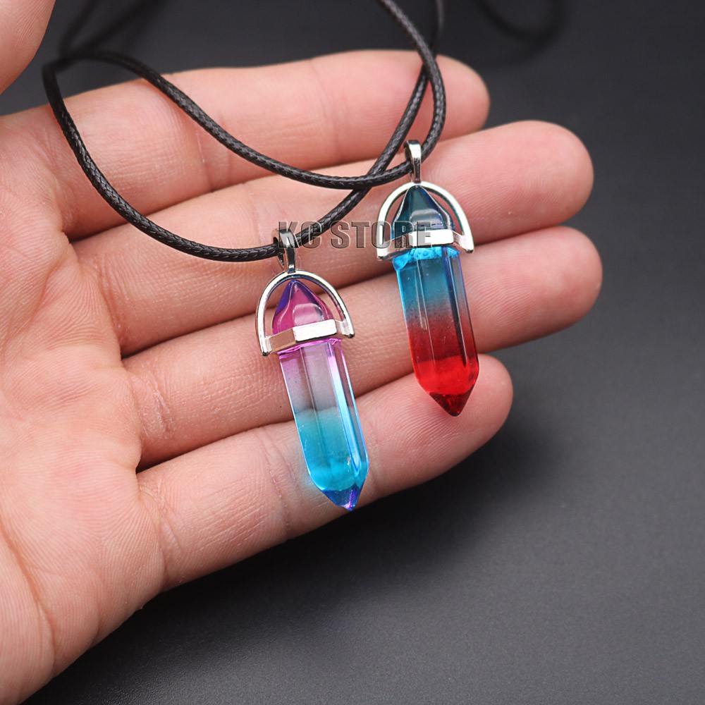colar corrente pedra colorida azul roxo cristal colorido masculino feminino com cordão preto ajustável em Oferta na Shopee