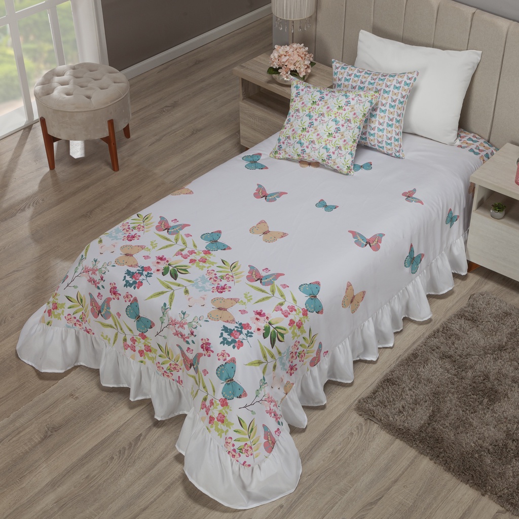 Kit Colcha Cobre - Leito Infantil solteiro Menina Borboleta 1,70 x 2,30 06 peças (Com Bainha)