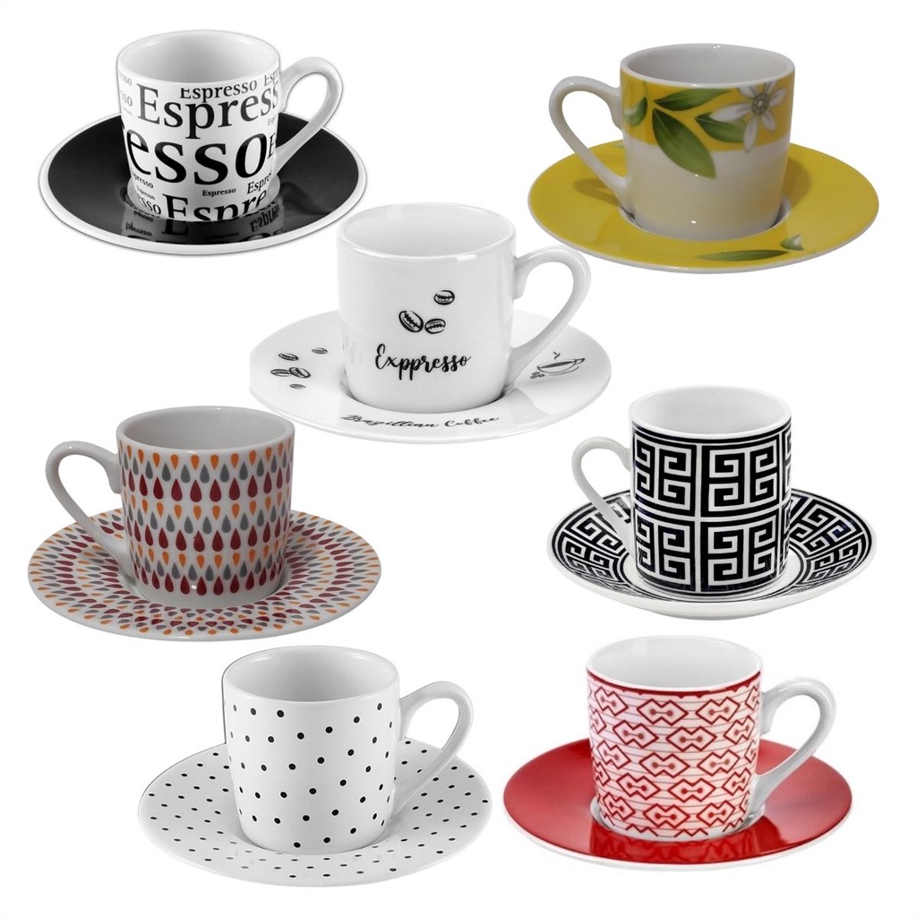 jogo de 6 xicaras com pires em porcelana decoradas de 90ml | Shopee Brasil