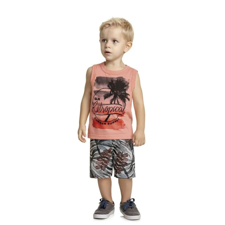 Conjunto infantil verão com camiseta regata e bermuda estampada em moletinho TAM 2