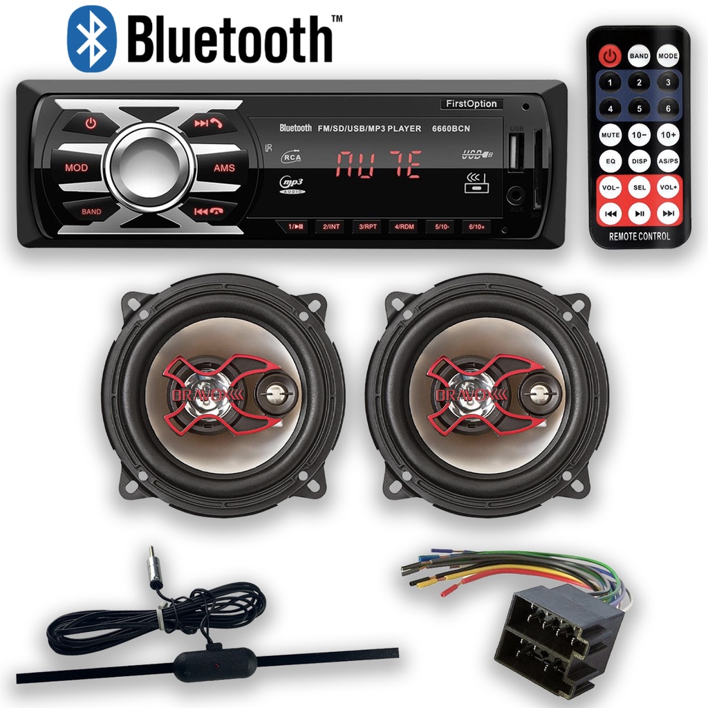 Kit Som Automotivo com Bluetooth + Falantes Bravox + Antena Elétrica + Chicote 16 vias