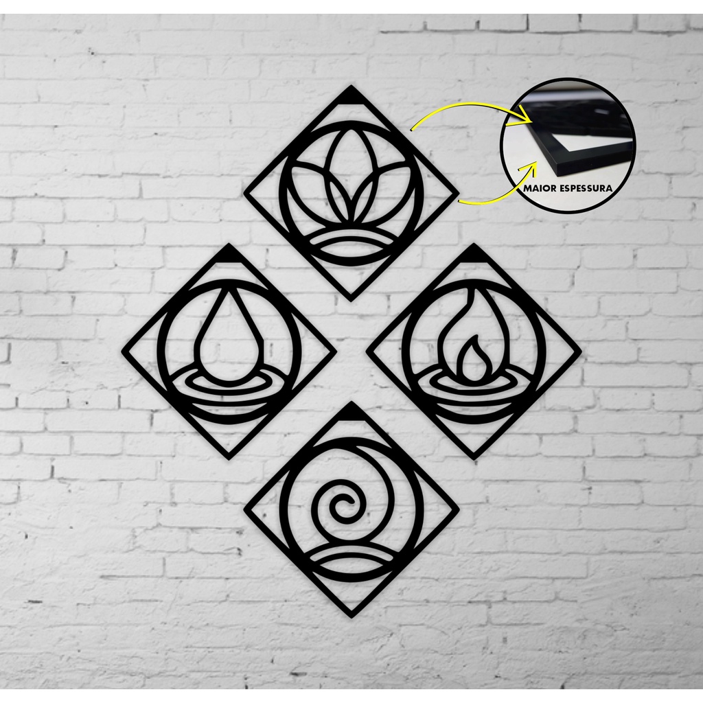 Quadro Decorativo Quatro Elementos - 4 Elementos MDF 6mm Cortado a Laser Vazado Laqueado 4 Peças