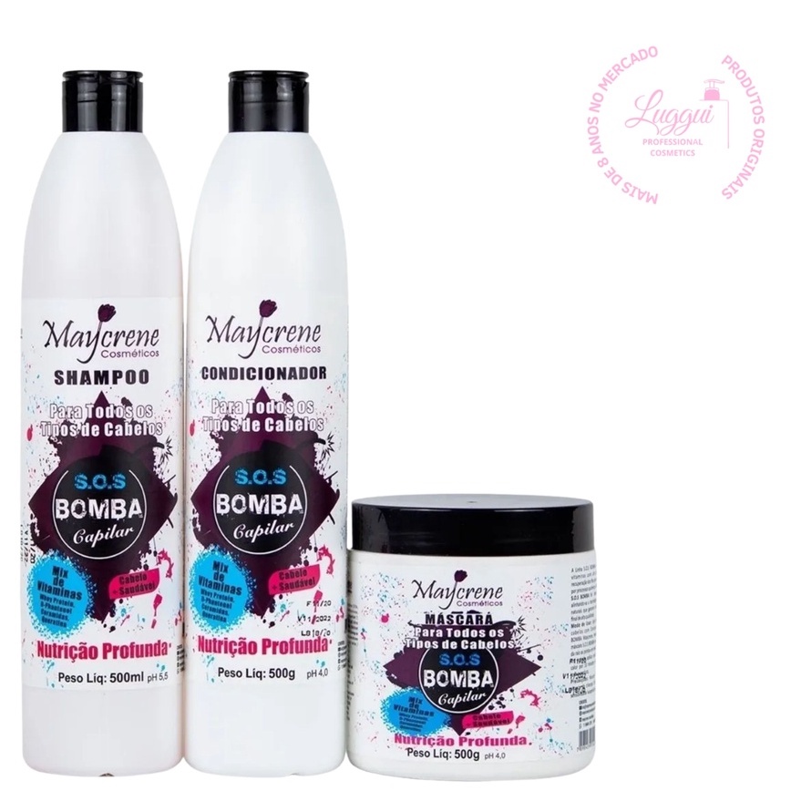Kit SOS Bomba Crescimento Capilar Maycrene  - Shampoo, Condicionador, Máscara 3 x 500