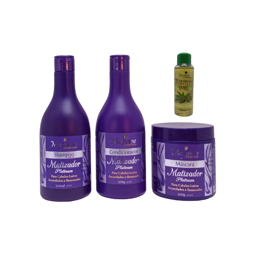 Kit Matizador Maycrene ( Shampoo + Condicionador + Máscara+ Oleo Umectante) 3x500ml cada - ideal para cabelos loiros, brancos ou grisalhos
