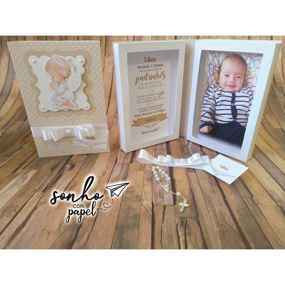 Caixa convite madrinha batismo - convite anjinho com mini terço e foto padrinho padrinhos batizado em Oferta na Shopee