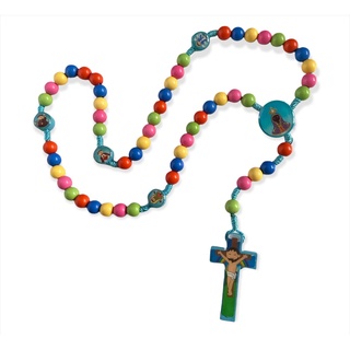Terço Infantil Colorido Contas Com Santos 36cm