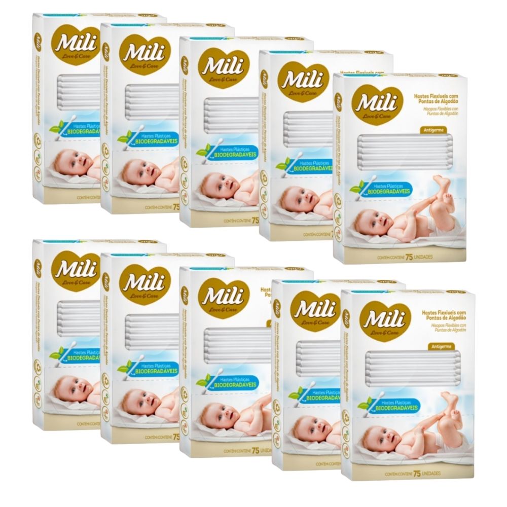 Cotonete Hastes Flexiveis 10  caixas c/ 75 Biodegradável  MILI (Total: 750 hastes)