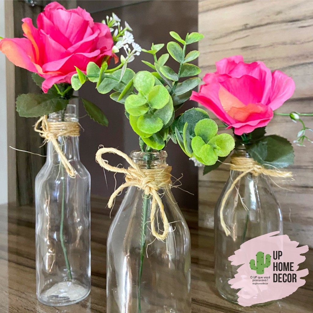 Trio vasos decorativo vidro com arranjo planta artificial rosas  para você decorar qualquer cantinho da sua casa para compor vasos, arranjos e decorar a sua casa, banheiro  casamento/ noivado/ noiva/presente/ pré wedding