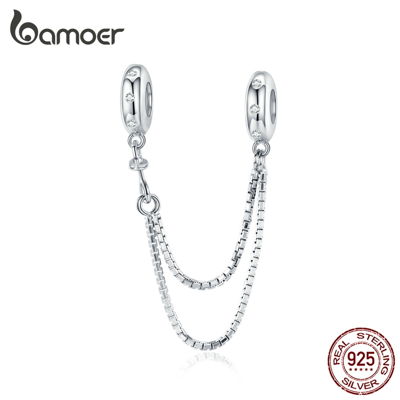 BAMOER  Simple Safety Chain Pendant Authentic 925 Sterling Silver & Plated Platinum