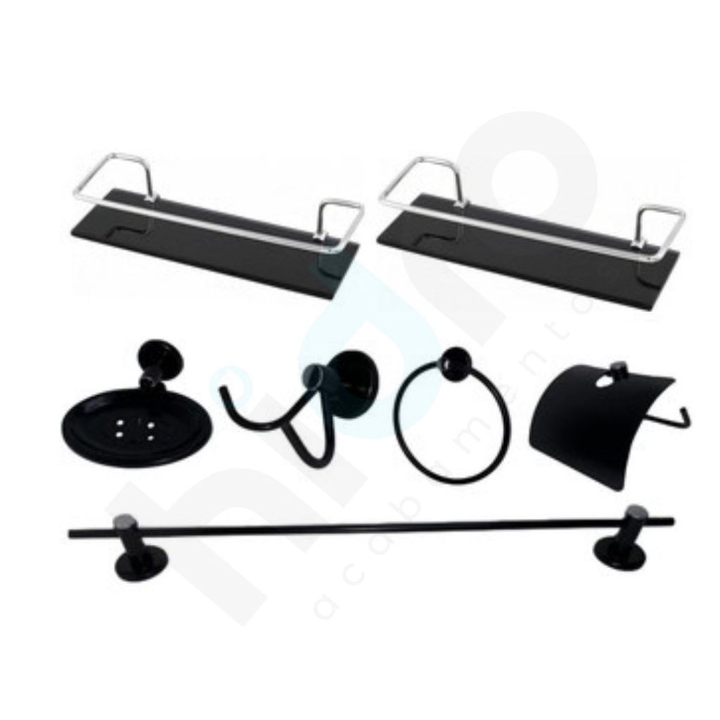 Kit Para Banheiro 05 Peças Aço Inox Preto Fosco + 2 Porta Shampoo Reto Fumê