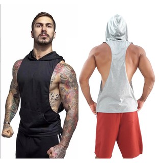 Camiseta Blusa Regata cavada capuz masculina bolso canguru academia Mutante Fintess