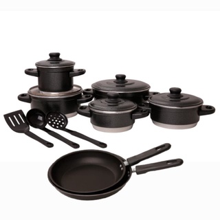 jogo de panela preto craqueado + frigideira N20/22 + talheres