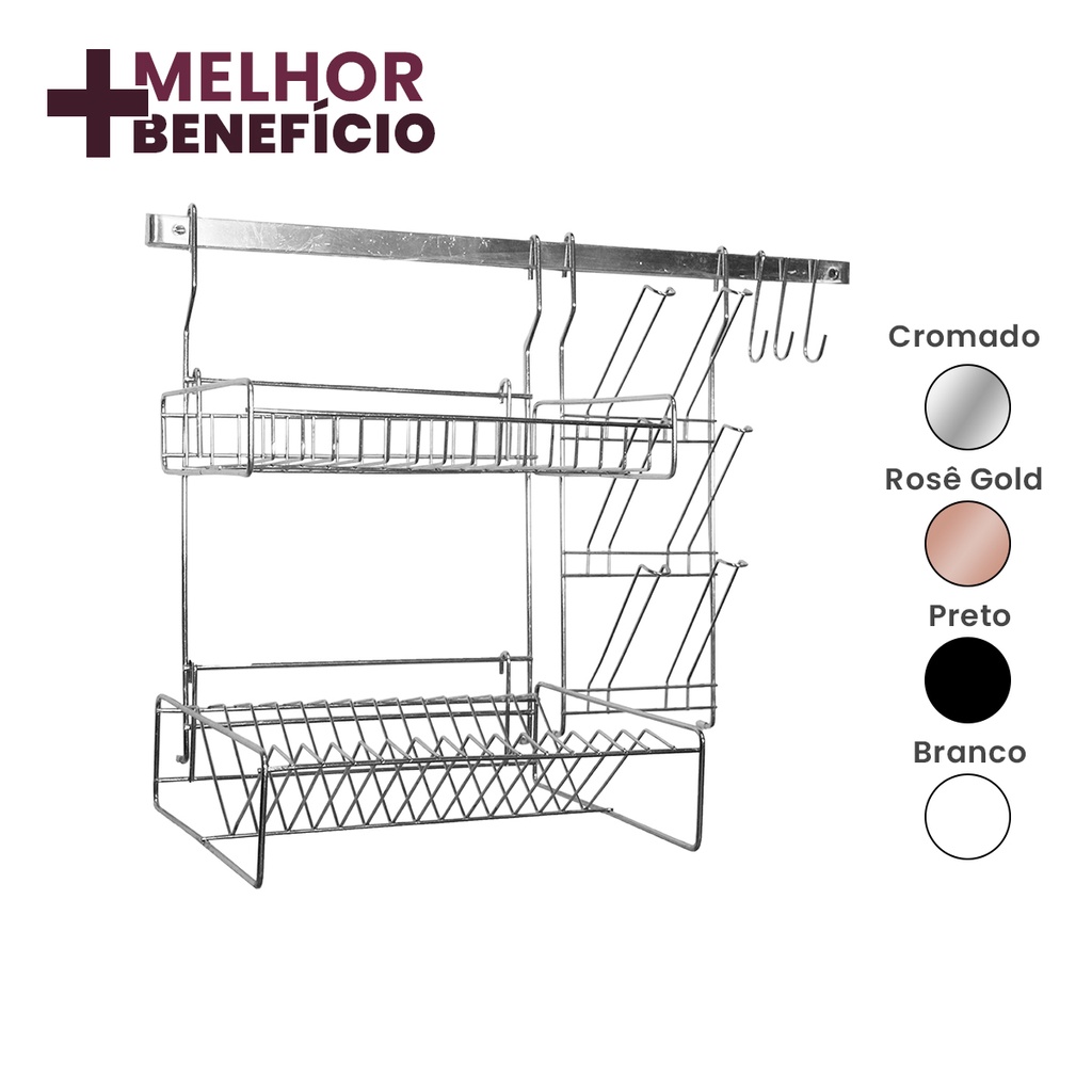 Escorredor De Louça Grande Aço Inox 40 Pratos Três Andares Não Enferruja