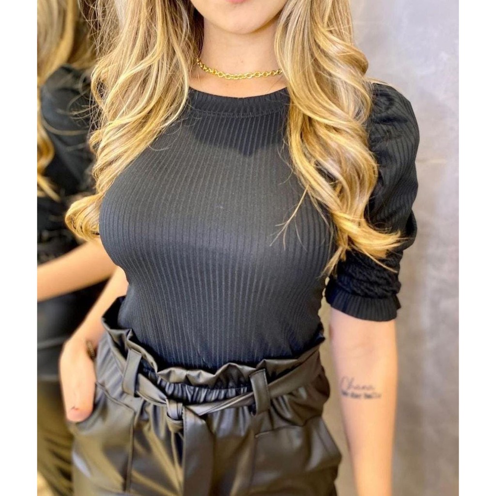 Blusa Feminina Manga Princesa Lastex Canelada Elastano Elegante Moda 2026