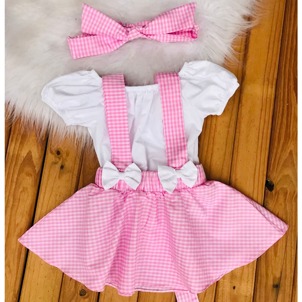 Vestido Jardineira Xadrez Rosa com Blusa Roupa Festa junina Caipirinha