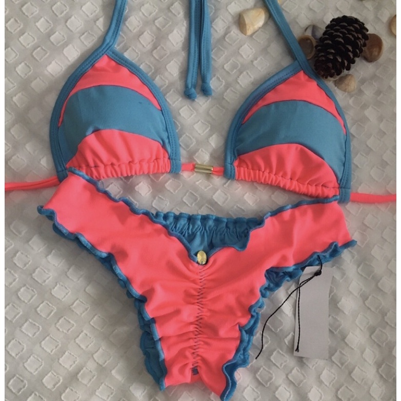 Biquíni com sutiã cortininha bojo removivel marquinha + calcinha dupla face ripple empina bumbum rosa neon com azul bebê