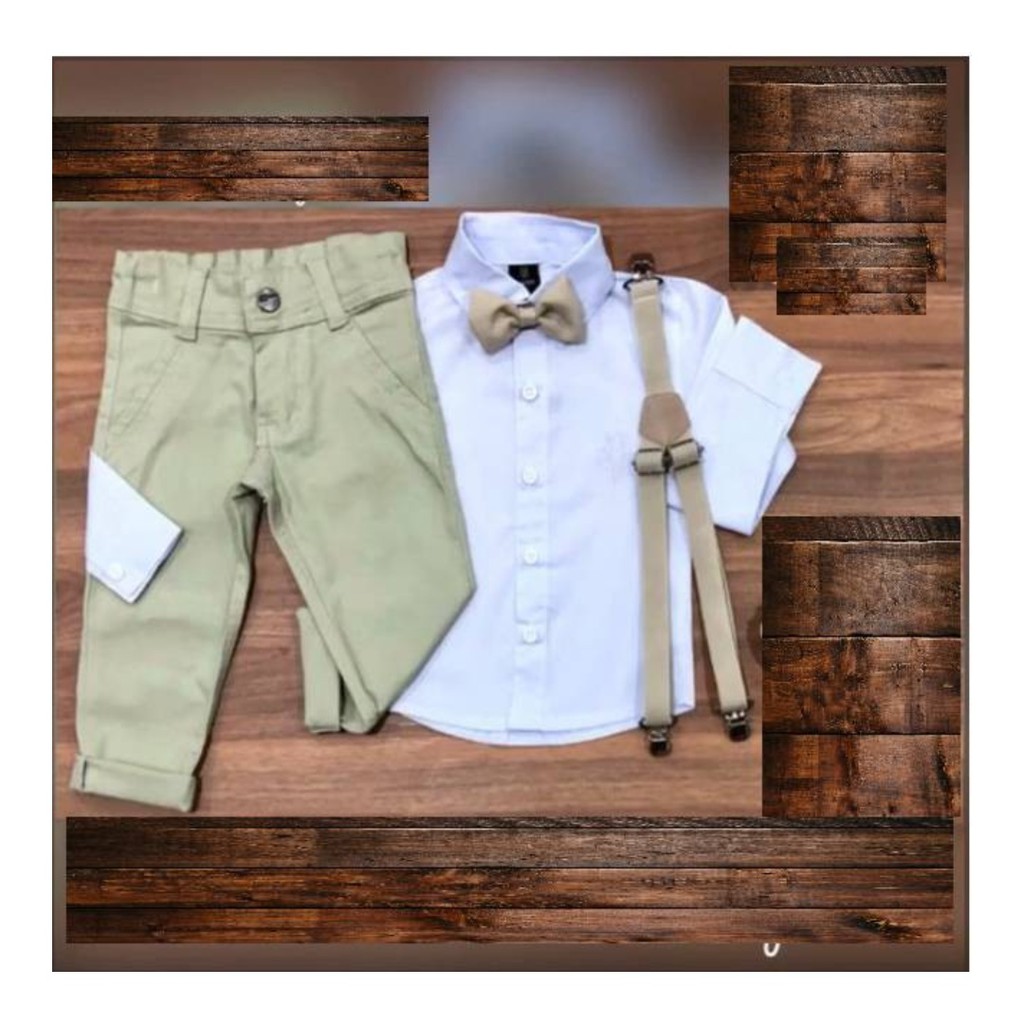 Roupa Menino Infantil Tema Apresentação Camisa Manga Longa Branco Calça Color Bege Suspensório e Gravata Bege