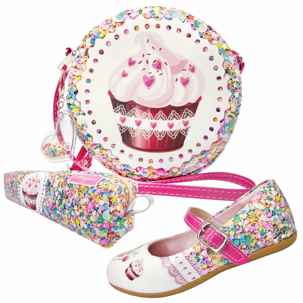 Kit Infantil Feminino Sapatilha Infantil Bolsa Infantil e Estojo Infantil Cup Cake Menina, Magicc Kids 1267