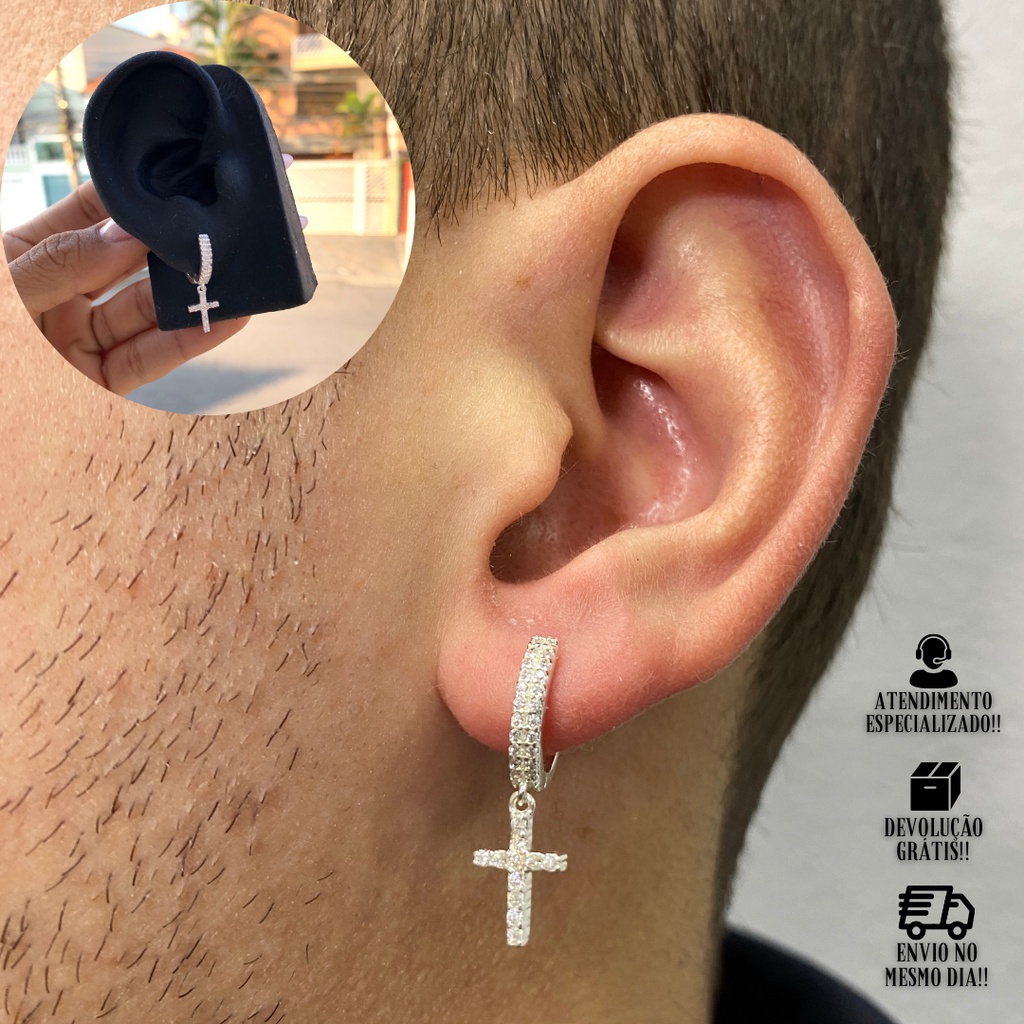 Brinco De Prata Argola Brilhante Masculino Crucufixo Com Pedras Banhado
