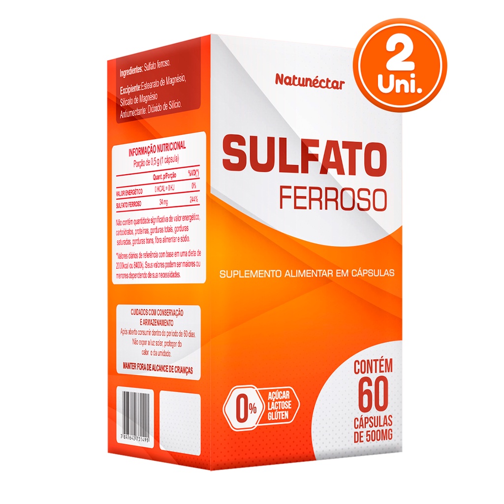 Kit 2 Sulfato Ferroso 500mg 60 Cápsulas - Natunéctar