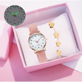 [Relógio + Pulseira] Relógios De Pulso Luminosos De Quartzo Casual De Couro Cinto Pequeno Discador Mulher Moda Feminina